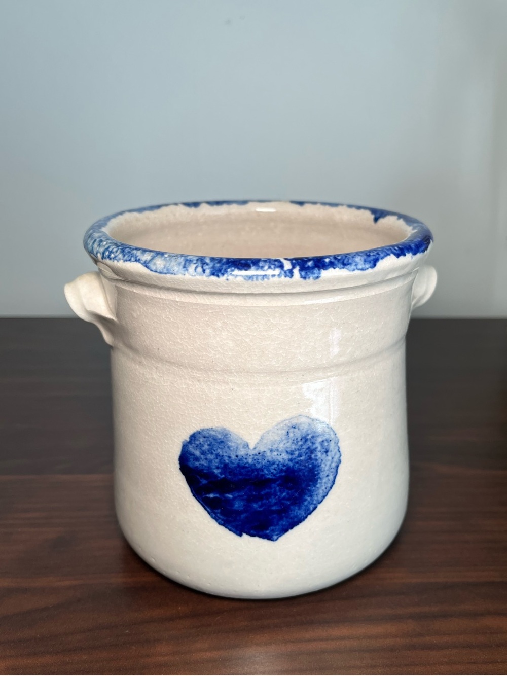 Vintage Signed Petitjean Studio Pottery Utensil Crock Blue Heart